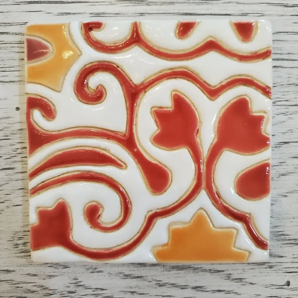 Pier 1 Ceramic Tile Scrollwork Glossy Finish Square Coasters Set of 3